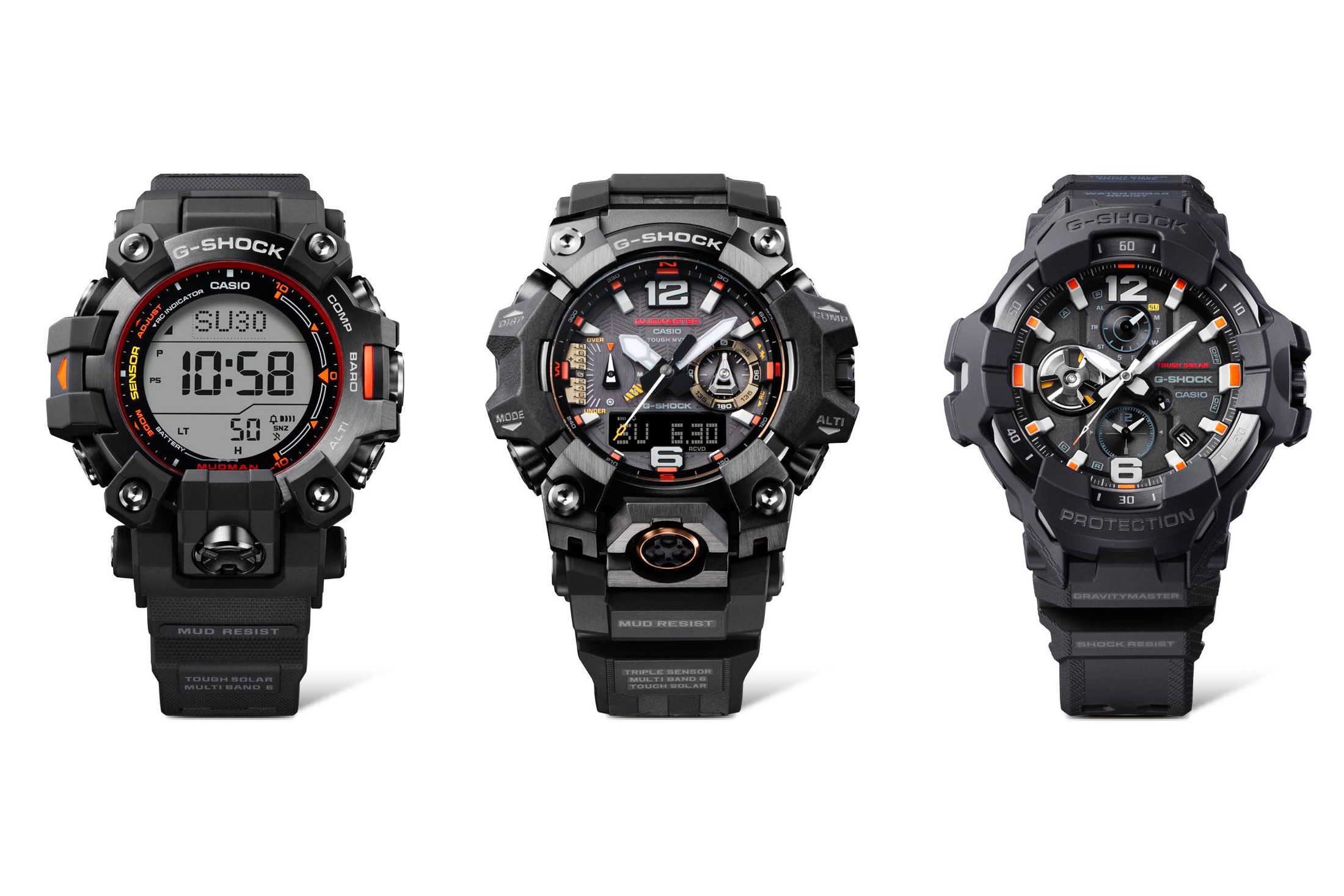 G-SHOCK MASTER OF Gにエマージェンシーカラーをまとったマッドマン、マッドマスター、グラビティマスターが登場