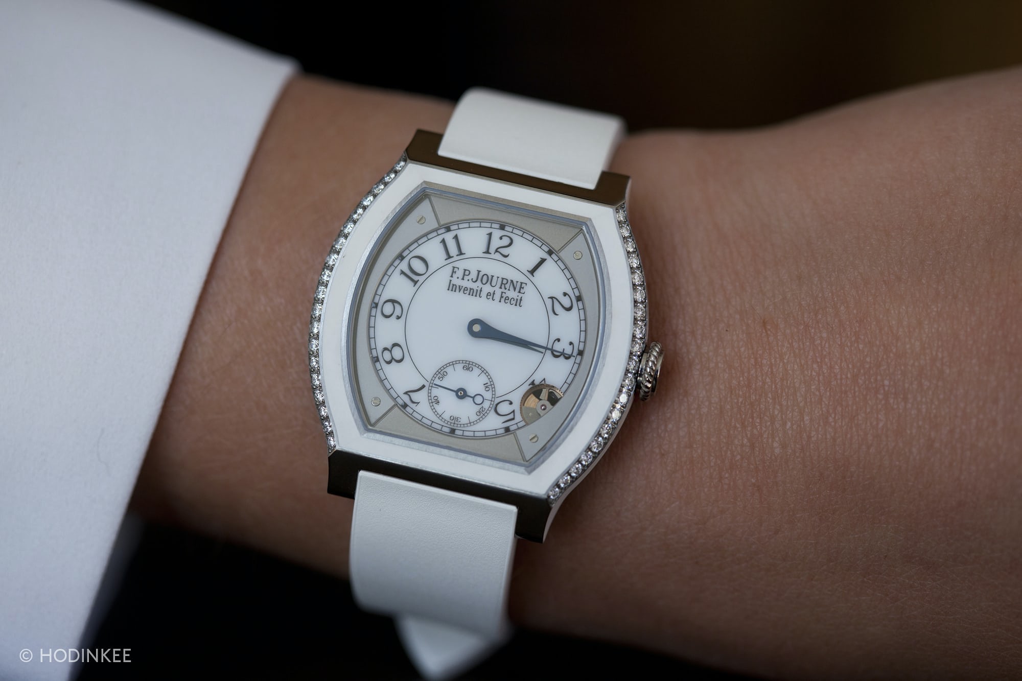 A wrist shot of a woman wearing the FP Journe Élégante