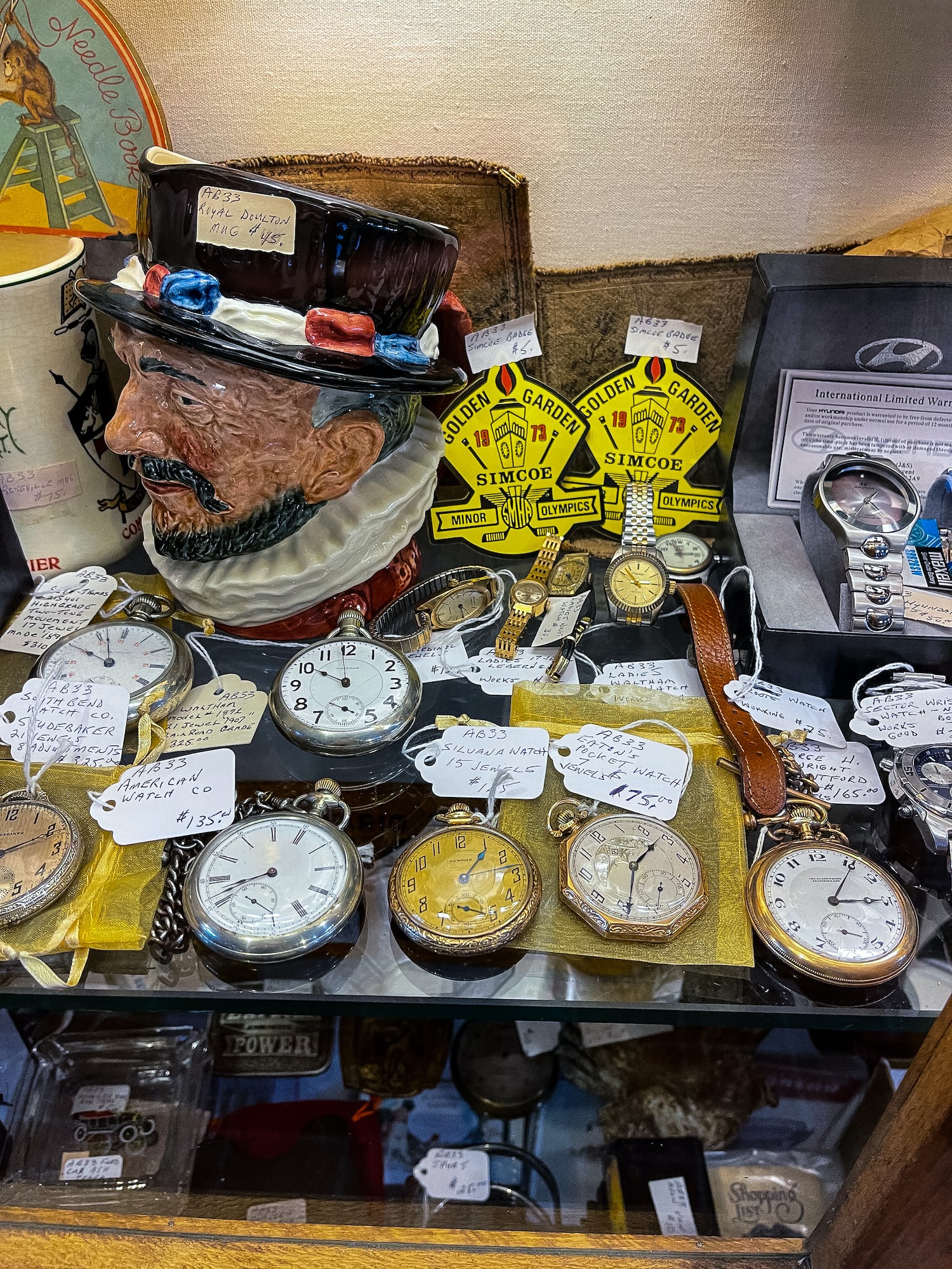 A display case of pocket watches. 