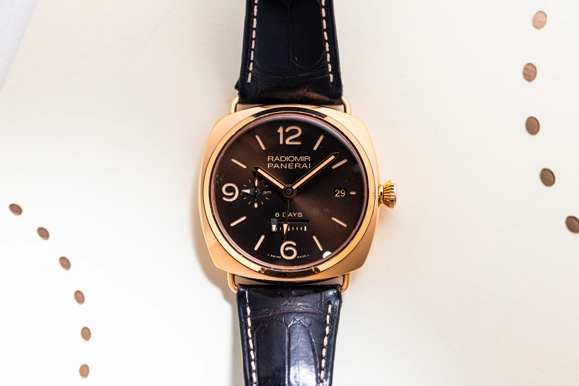 Panerai Radiomir 8 Days on top of a white speckled background