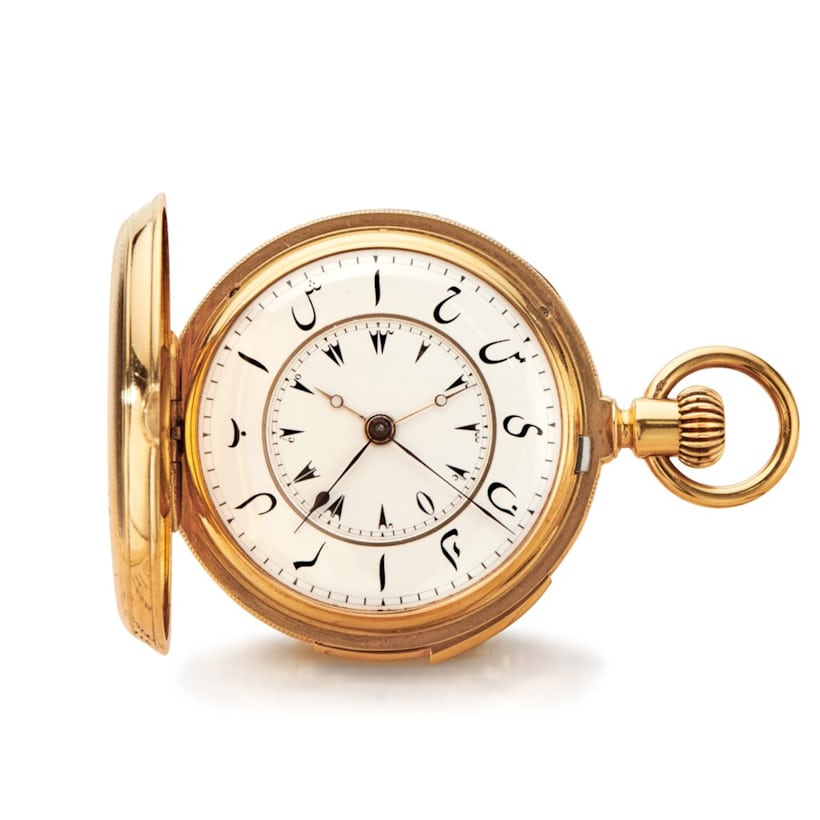 A beautiful Patek Philippe yellow gold hunting cased quarter repeating dual time pocket watch 
