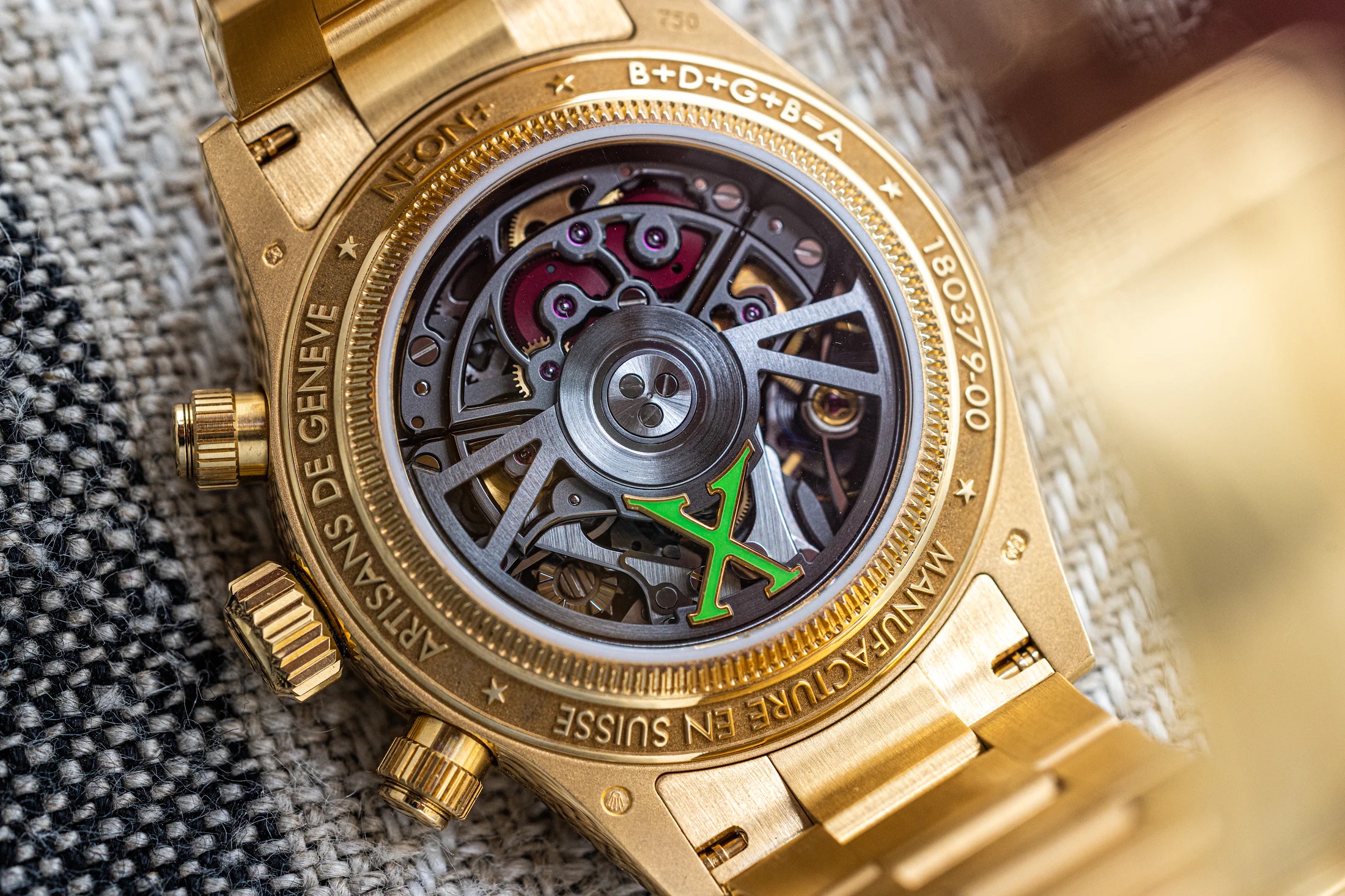 Close up of the open caseback on a custom rolex daytona