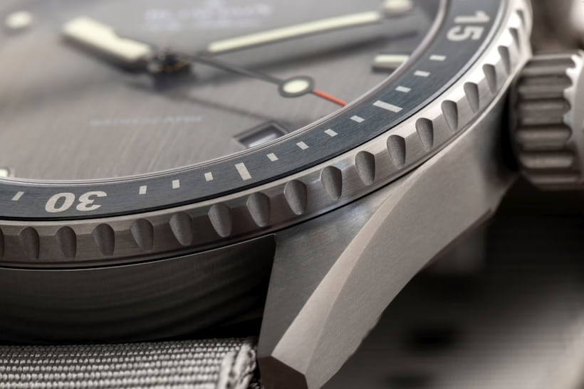 A close-up of the lug of the Blancpain Fifty Fathoms Bathyscaphe Titanium 43mm
