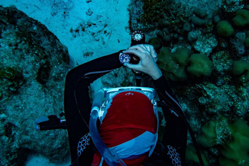 A woman wears the Tudor Pelagos FXD underwater.