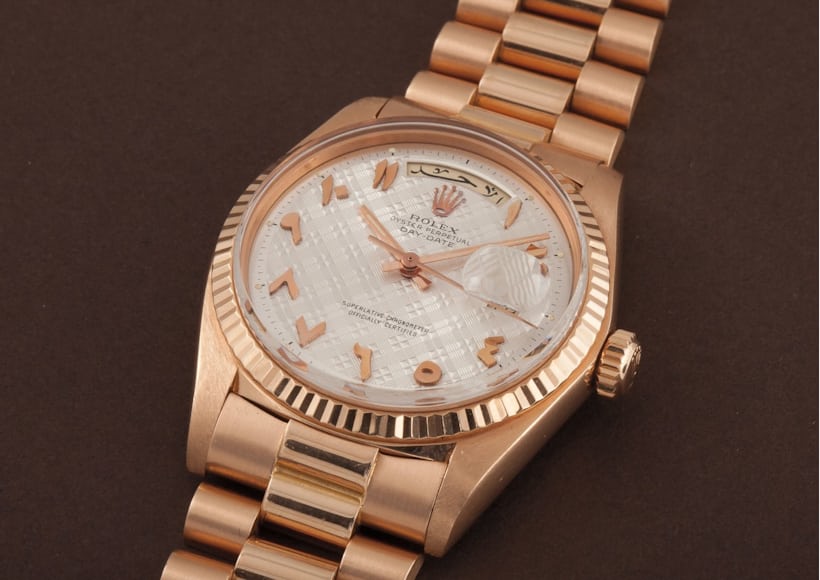 The Rolex Day-Date "Aladdin's Rose" – lot 25 at Phillips Glamorous Day-Date sale. Credit, Phillips.