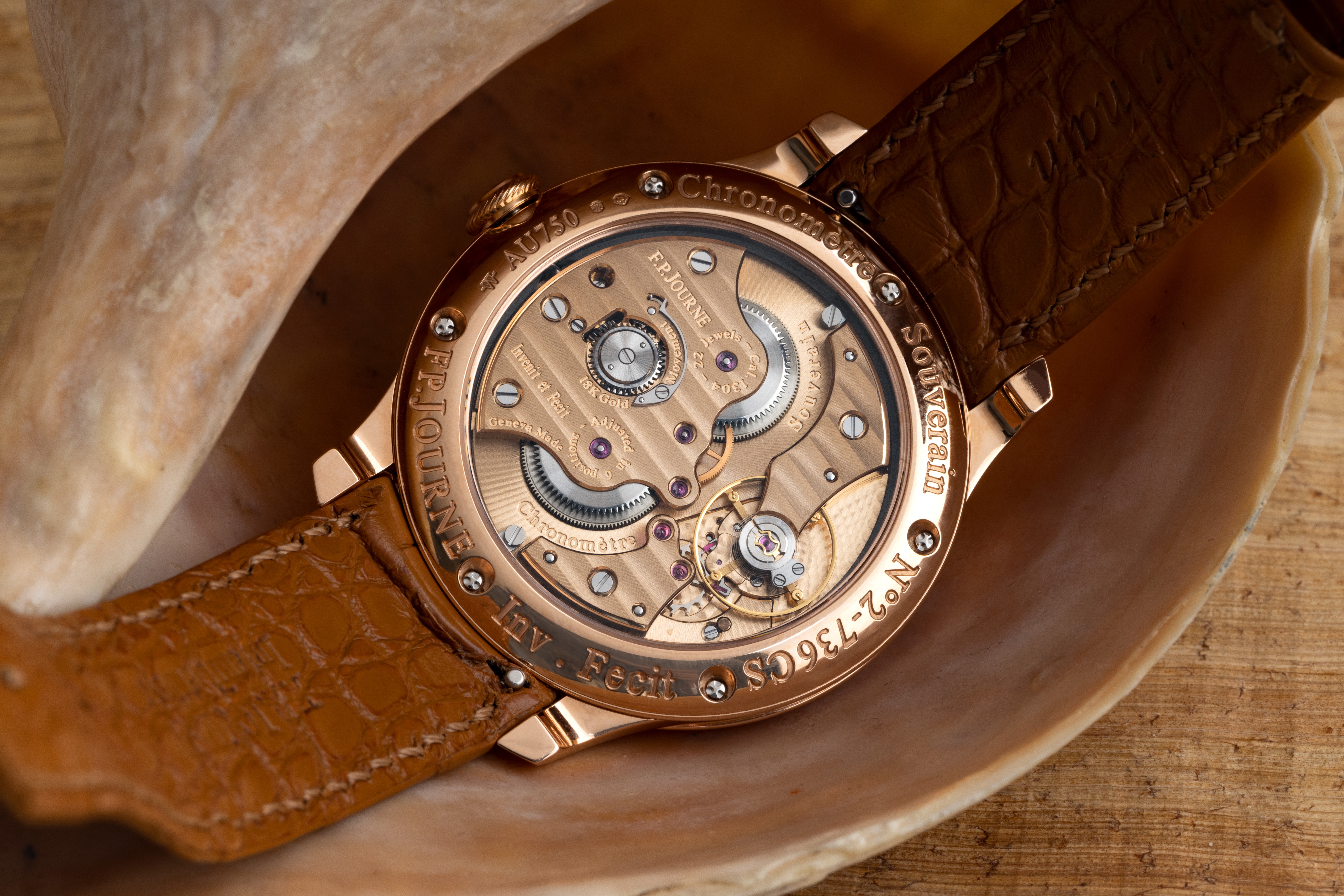 A caseback shot of the FP Journe Chronomètre Souverain Havana that highlights the caliber 1304 inside.